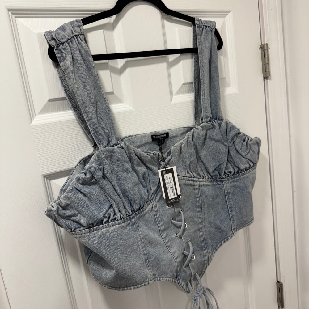 PrettyLittleThing Plus Size‎ Denim Lace Up Ruched Bust Corset Top 24 Cowgirl - Picture 2 of 8
